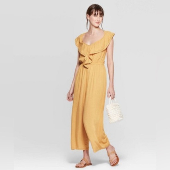 Xhilaration Pants - Xhileration Sleeveless Mustard Yellow V-Neck Ruffle Jumpsuit Romper Size M